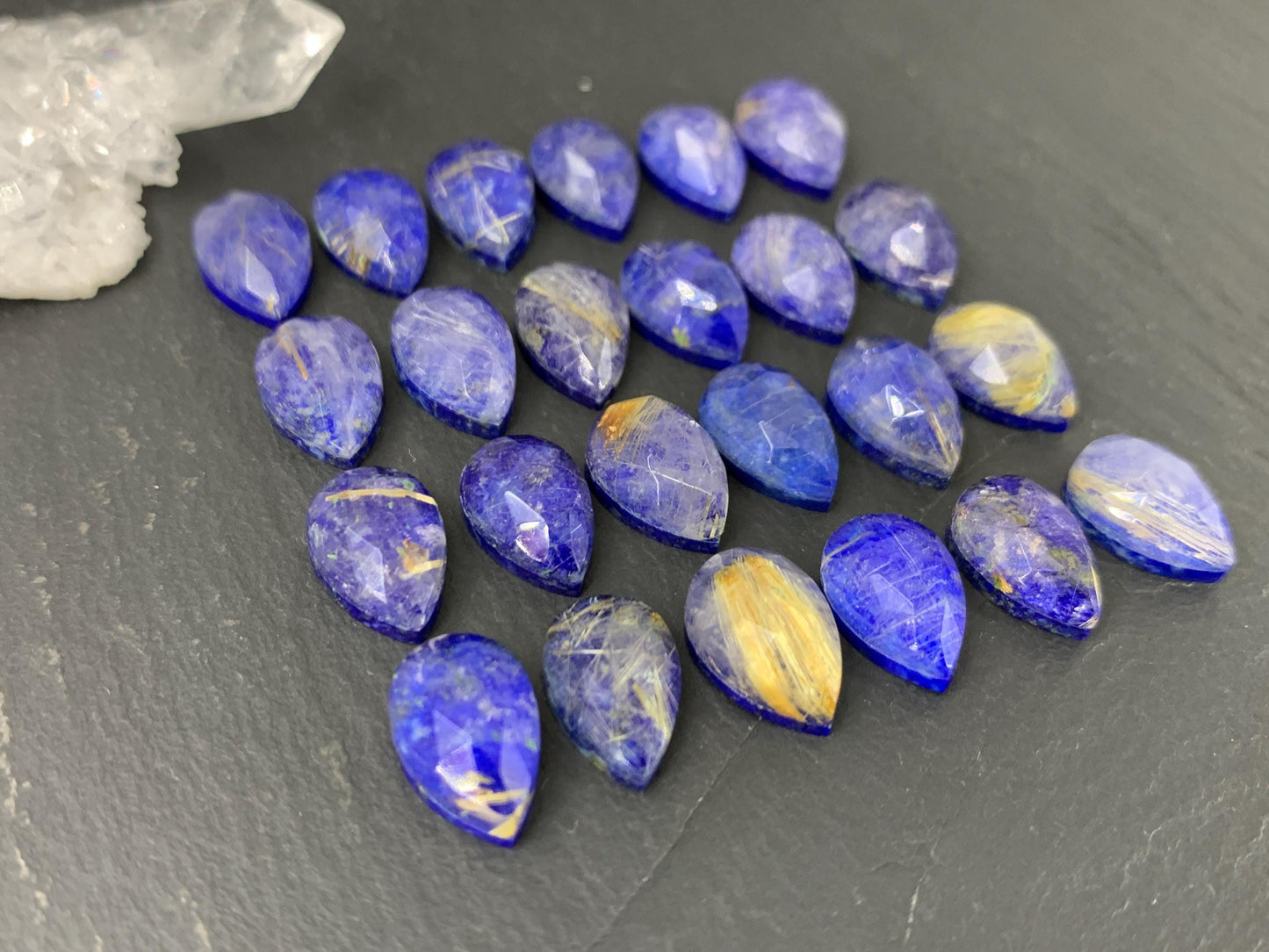 Faceted Gold Rutilated Quartz & Lapis Lazuli pear 8x12mm cabochon - Doublet cabochons