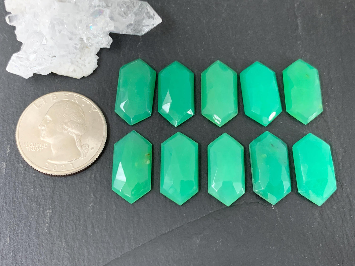 Faceted Chrysoprase hexagon 10x20mm cabochon