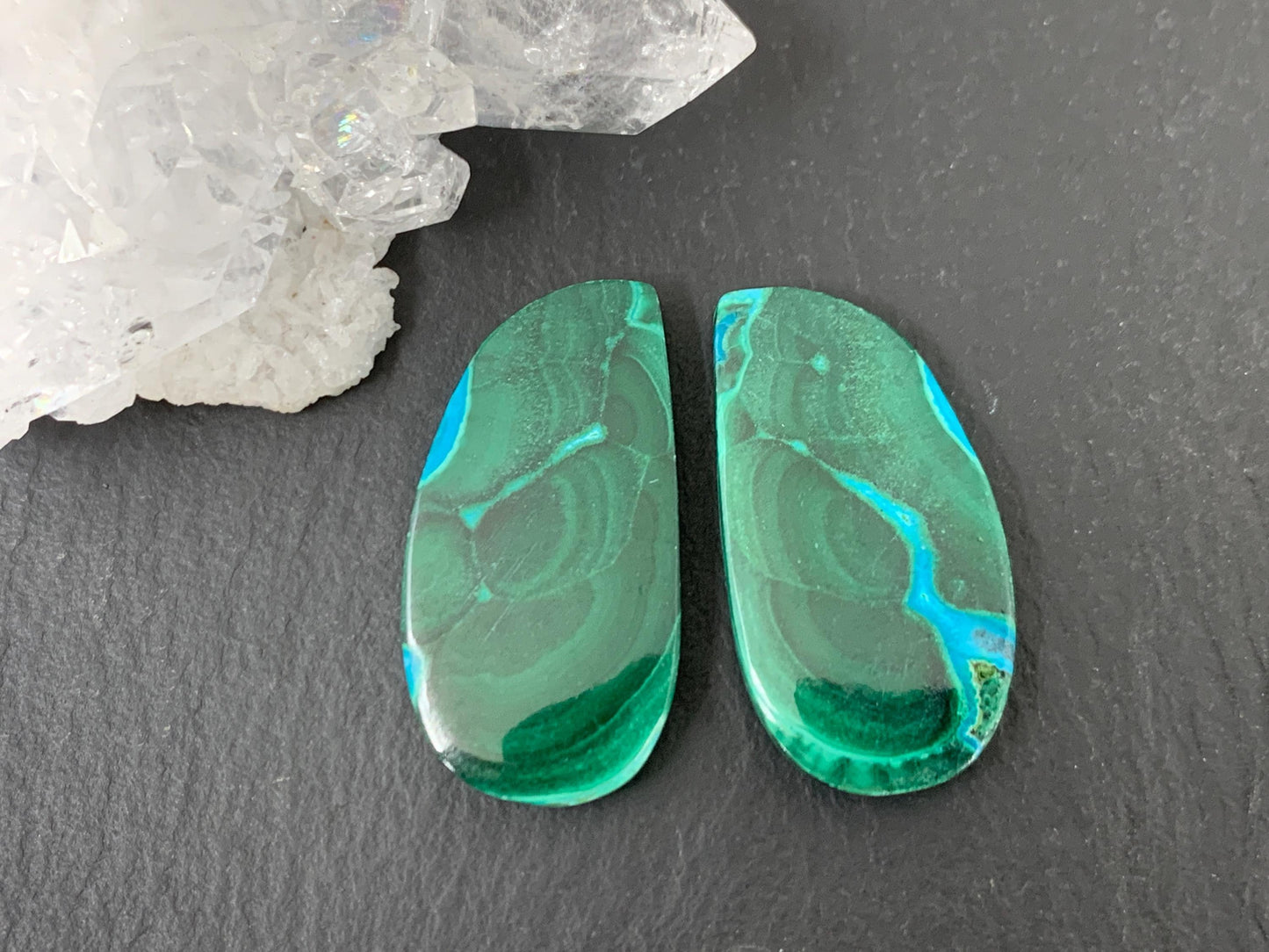 Malachite Chrysocolla free form 13x25x3.5mm cabochon pair