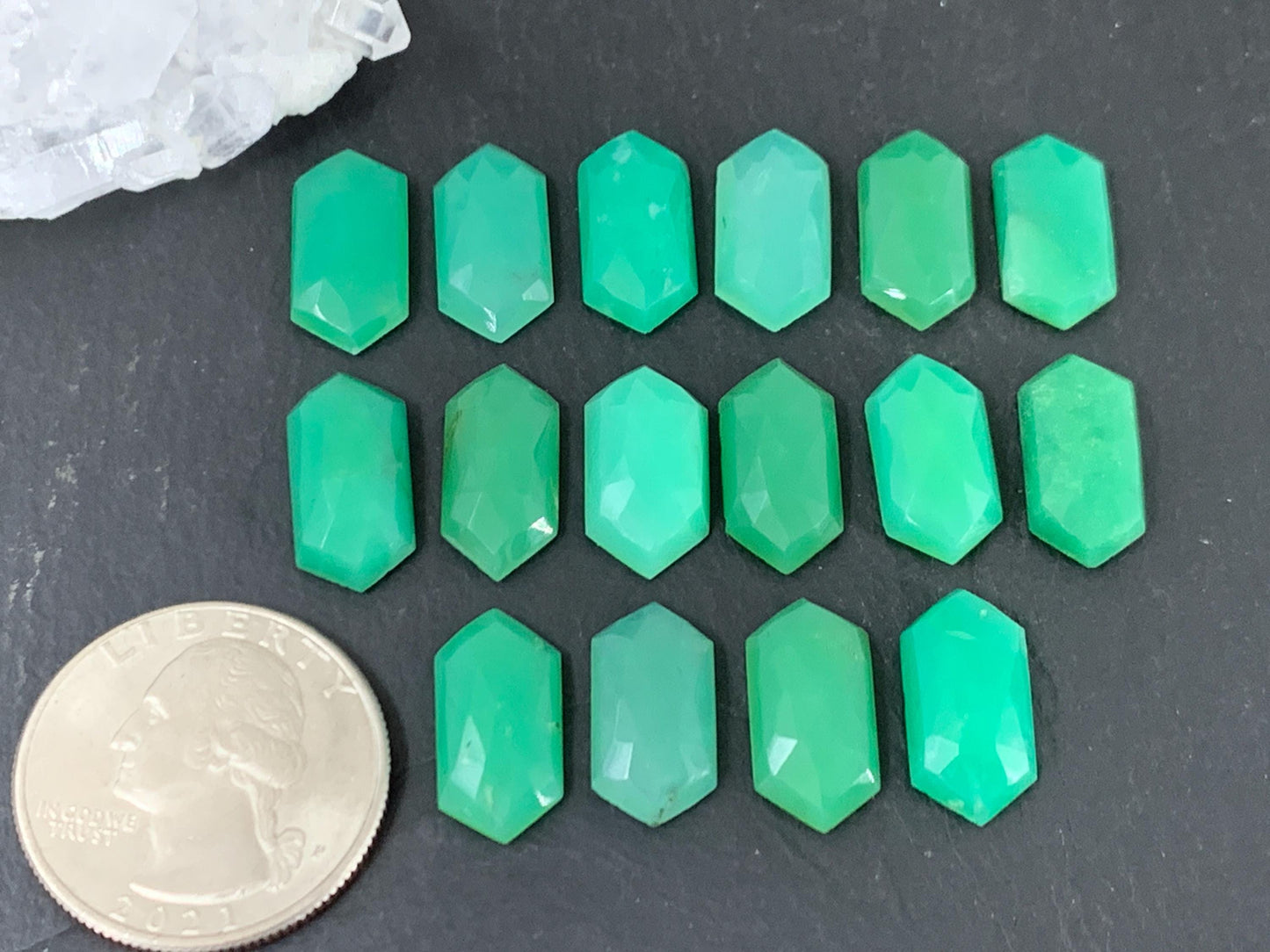 Faceted Chrysoprase Cabochon – Long Hexagon 8x16mm Faceted Top Gemstone