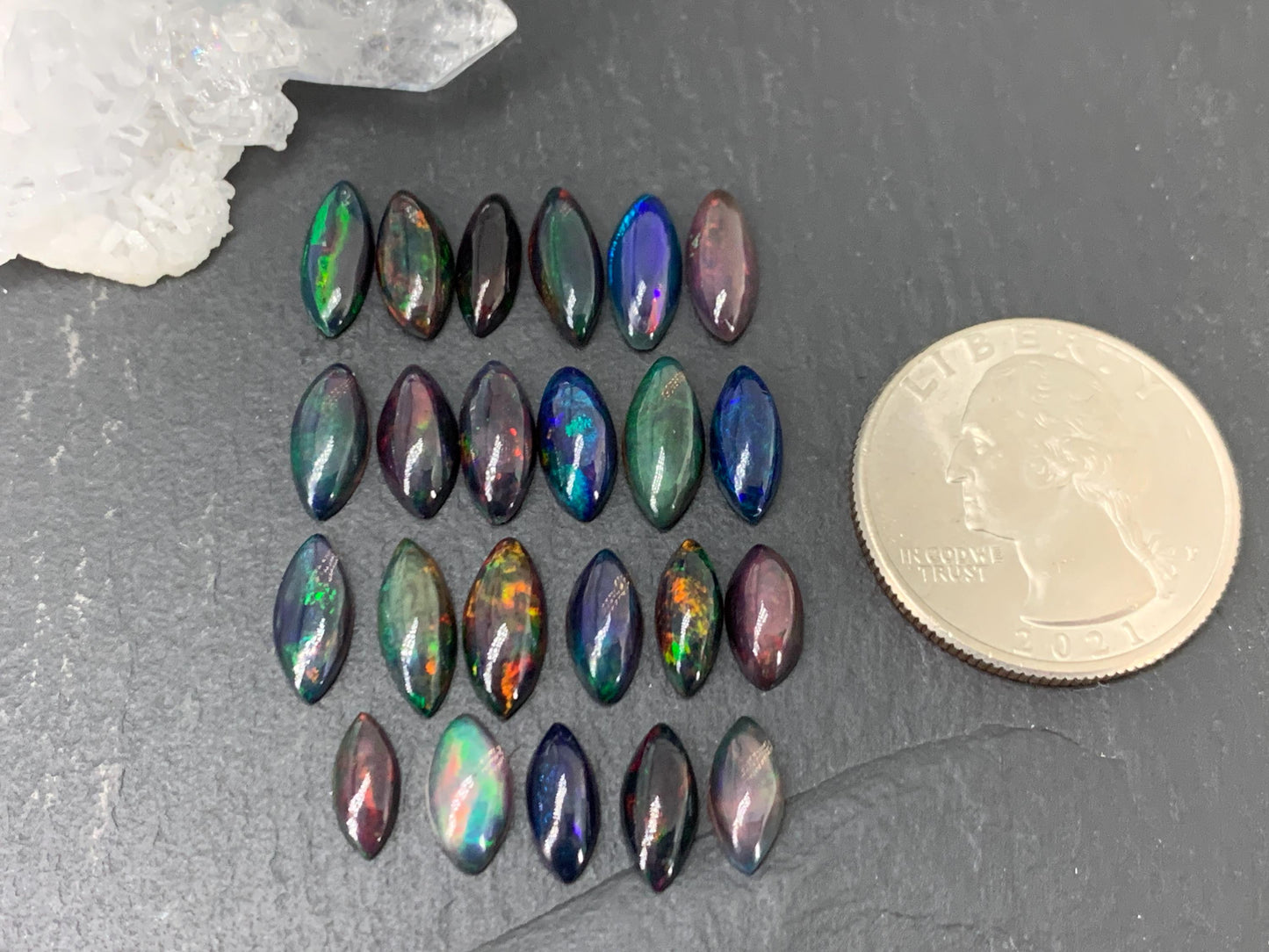 Natural Ethiopian Black Opal marquise 9-11mm long cabochon