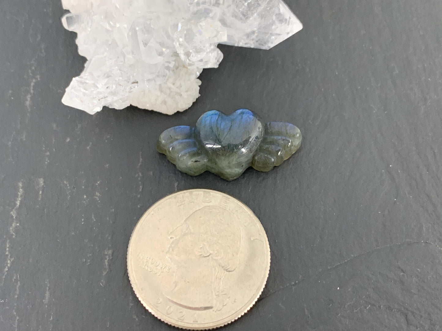 Labradorite Heart with Wings 25x11mm. Hand Carved Gemstone