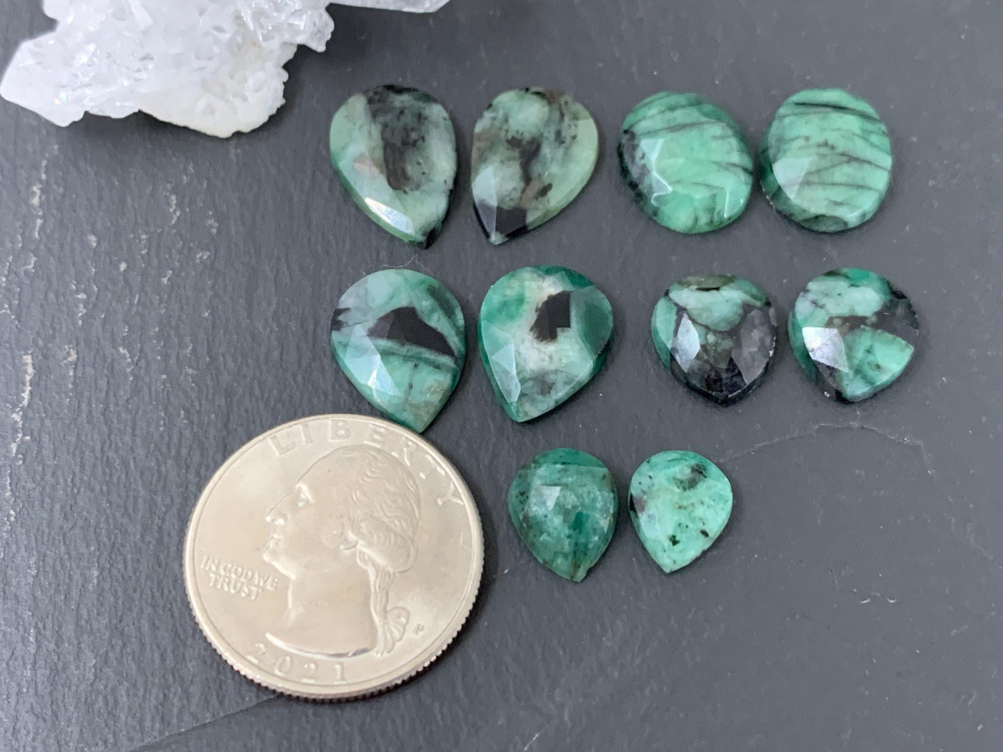 Faceted Emerald Pair 10-16mm long cabochons