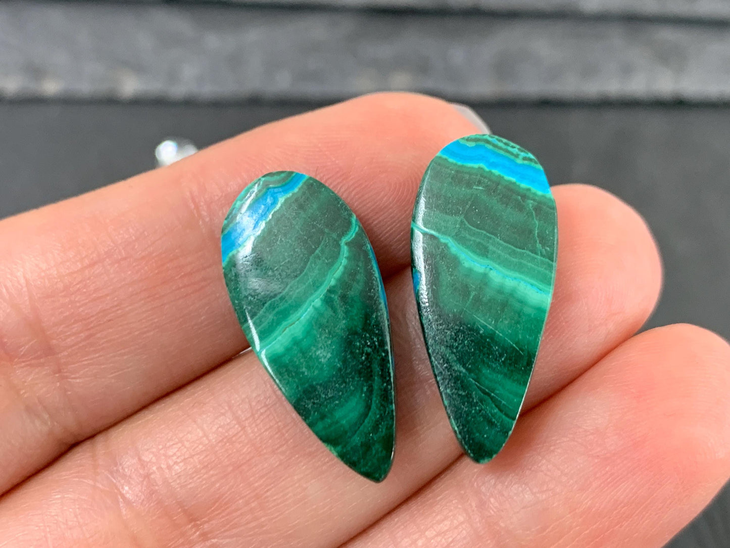 Malachite Chrysocolla pear 11x23x3.5mm cabochon pair