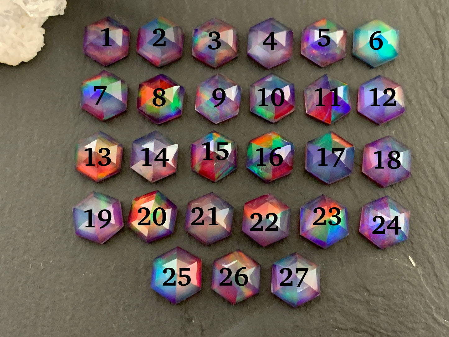 Faceted Aurora Opal hexagon 8x9mm cabochon - Doublet cabochons