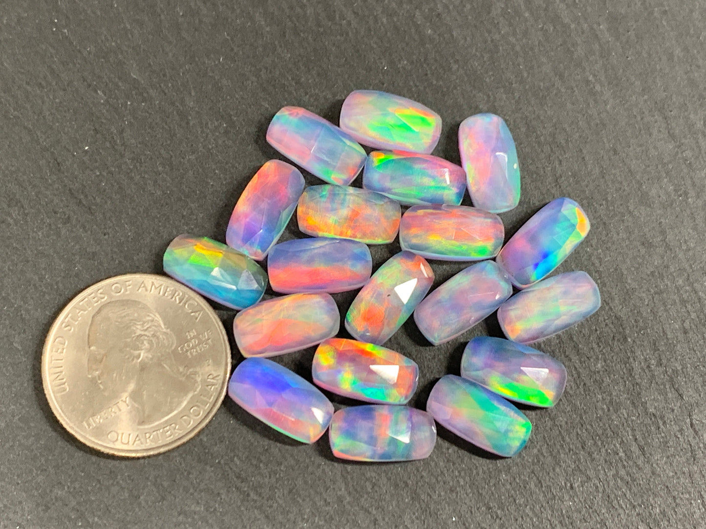 Faceted Aurora Opal rectangle cushion 7x14mm cabochon - Doublet cabochon
