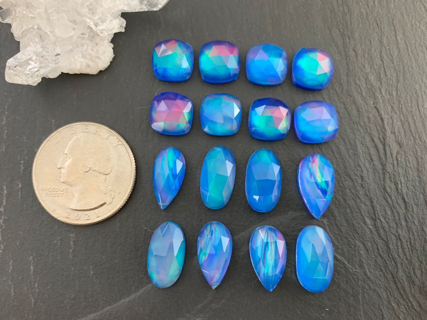 Faceted Aurora Opal 10-15mm long cabochon - Doublet cabochons