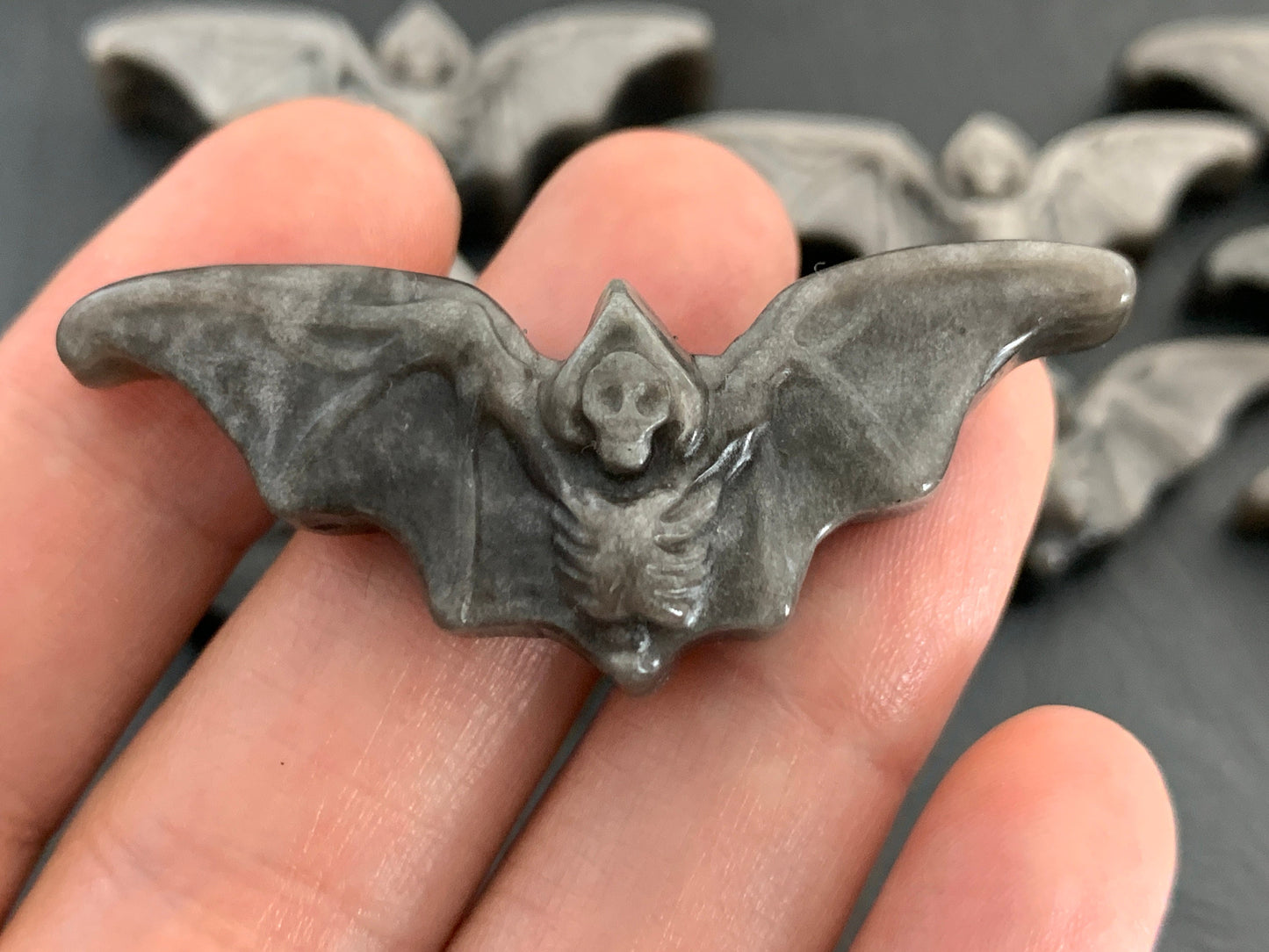 Silver Obsidian Bat Carving - Flat Back Carving