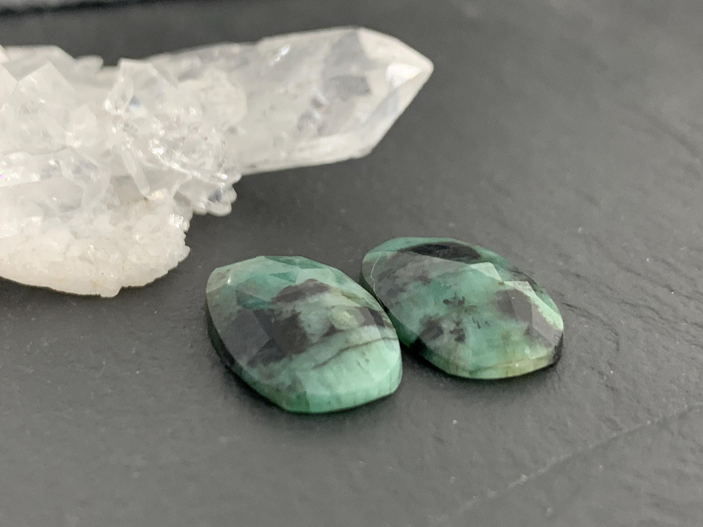 Faceted Emerald Pair 10x17x3mm cabochon