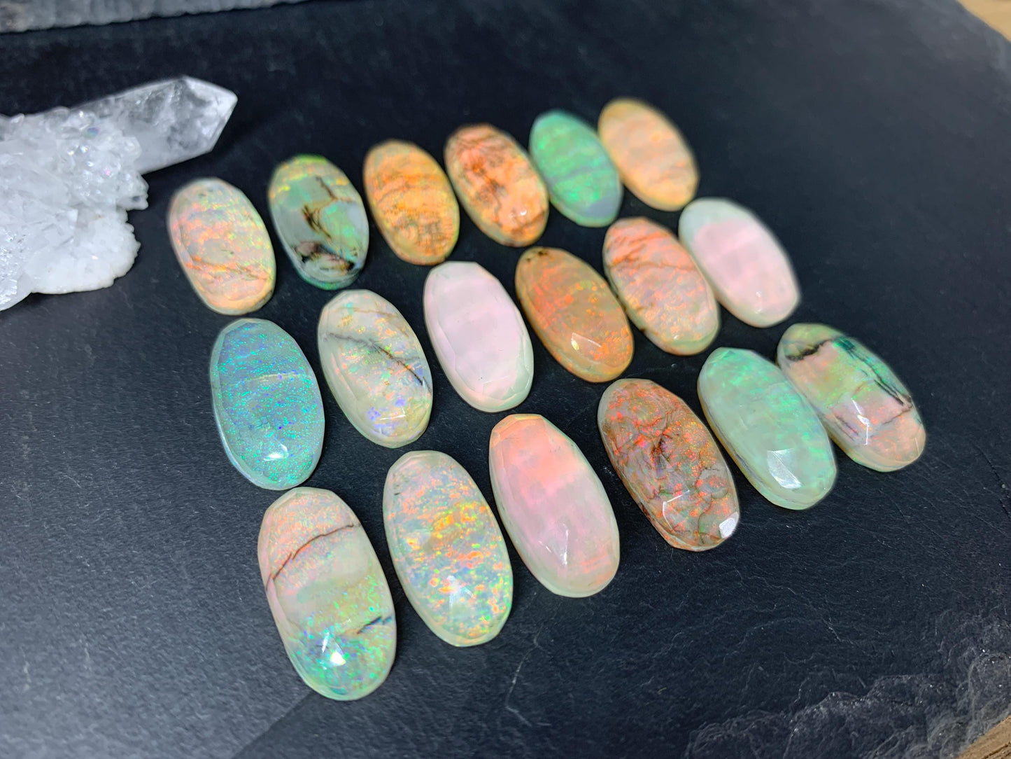 Faceted Monarch Opal oval 10x20mm cabochons - Doublet cabochons