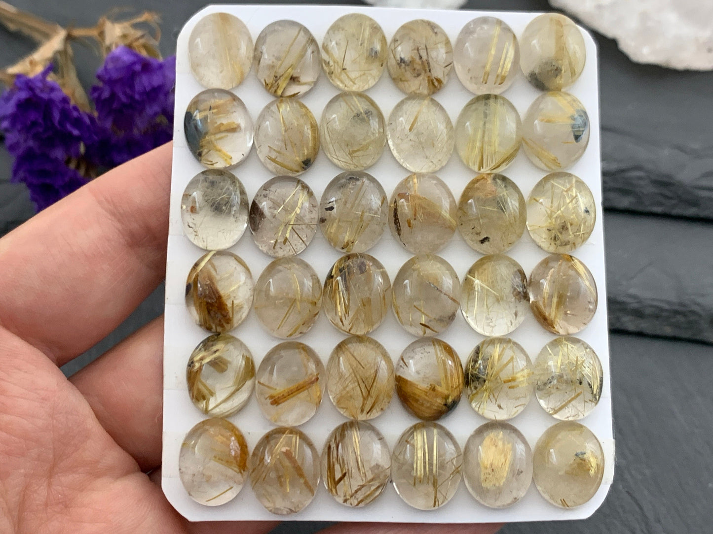 Gold Rutilated Quartz oval 10x12mm cabochon - Calibrated cabochons