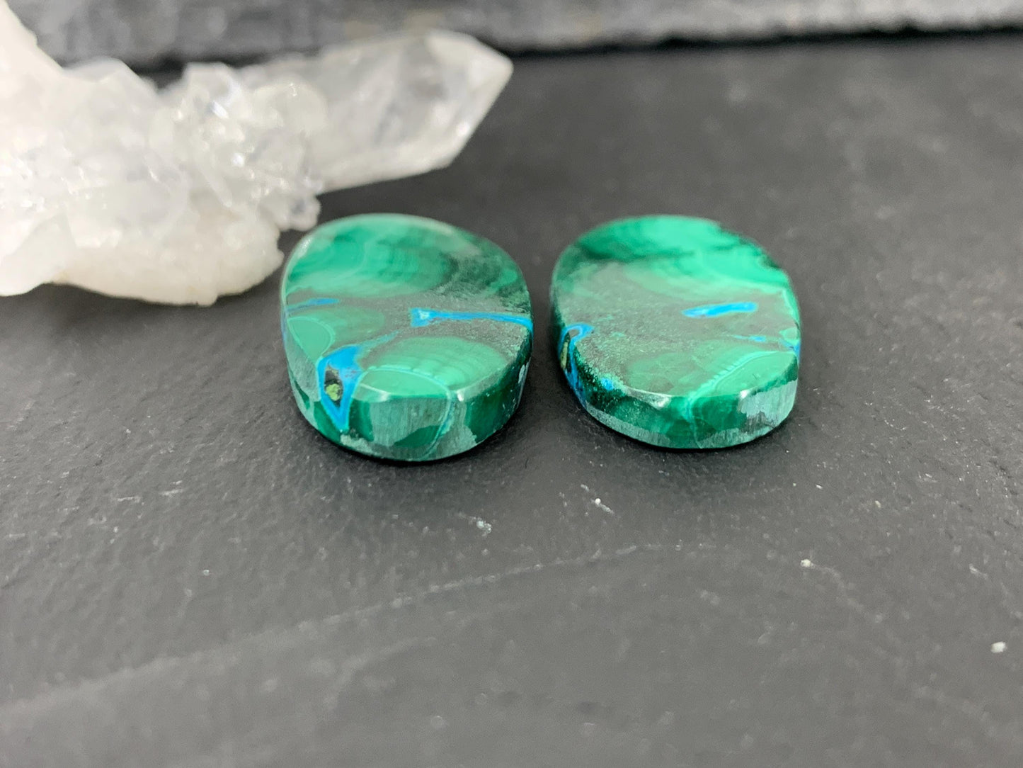 Malachite Chrysocolla oval 14x26x4.5mm cabochon pair