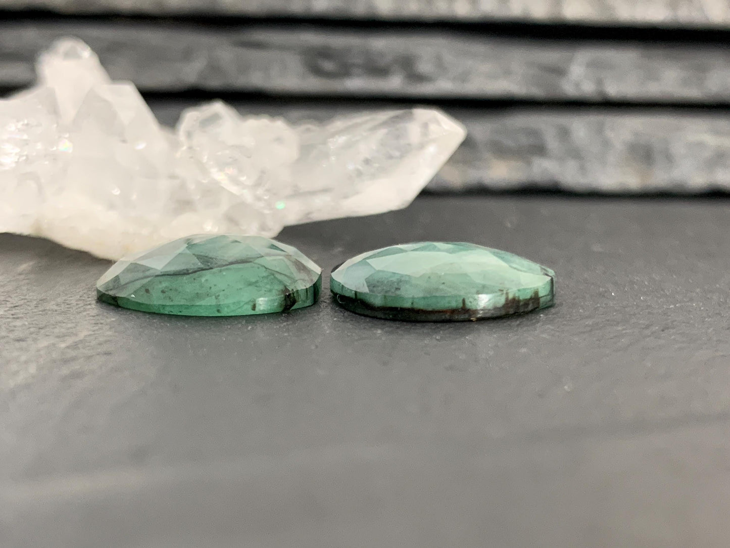 Faceted Emerald Pair 15x17x3mm cabochon