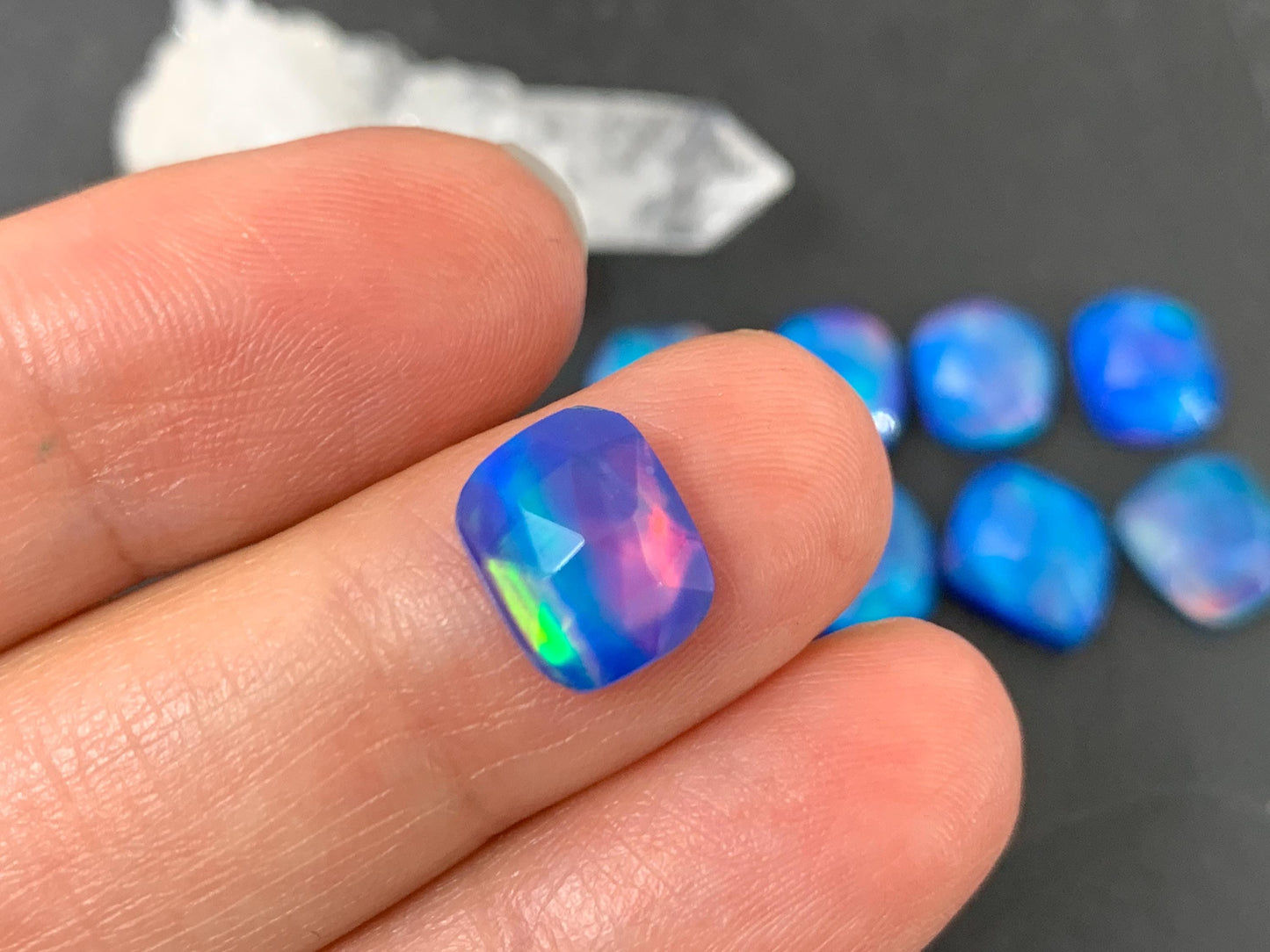 Faceted Aurora Opal free form 10-11mm long doublet cabochons