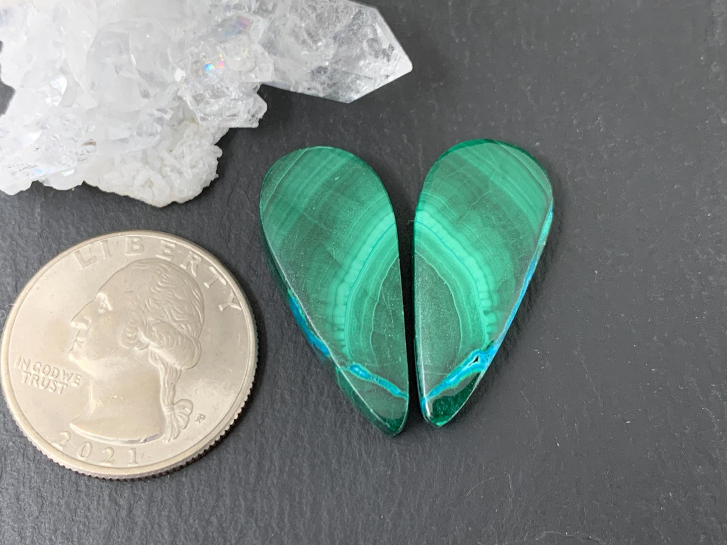 Malachite Chrysocolla pear 12x29x4.5mm cabochon pair