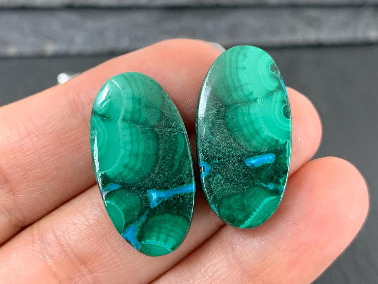 Malachite Chrysocolla oval 14x26x4.5mm cabochon pair
