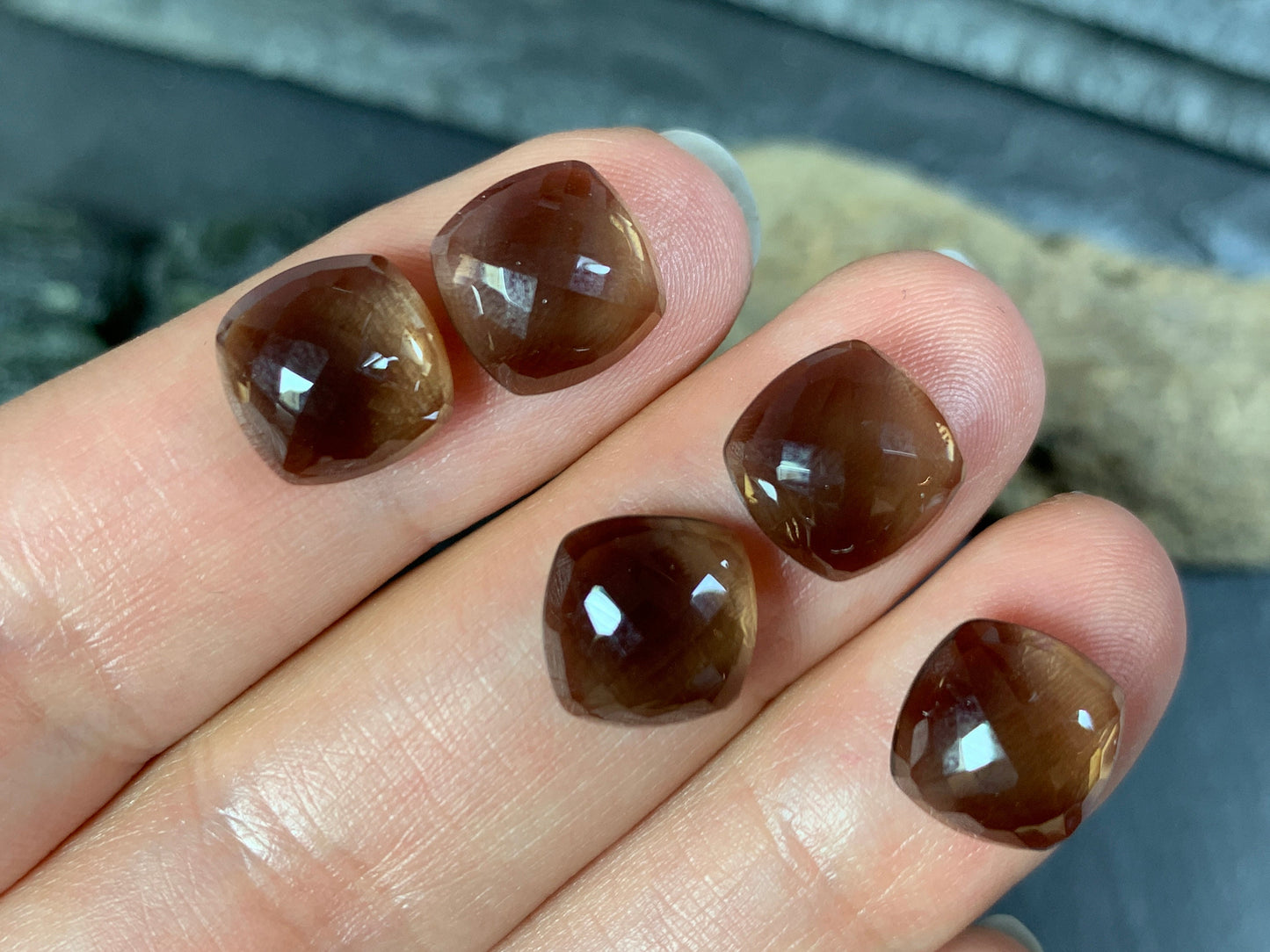 Faceted Smokey Quartz square 10mm cabochon - Calibrated cabochons