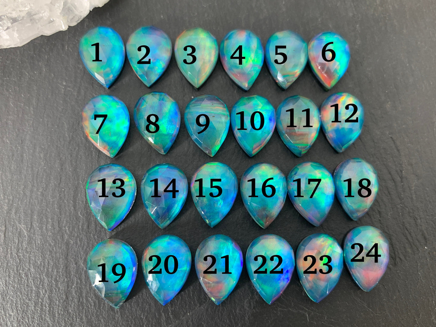 Faceted Aurora Opal pear 10x14mm cabochons - Doublet cabochon