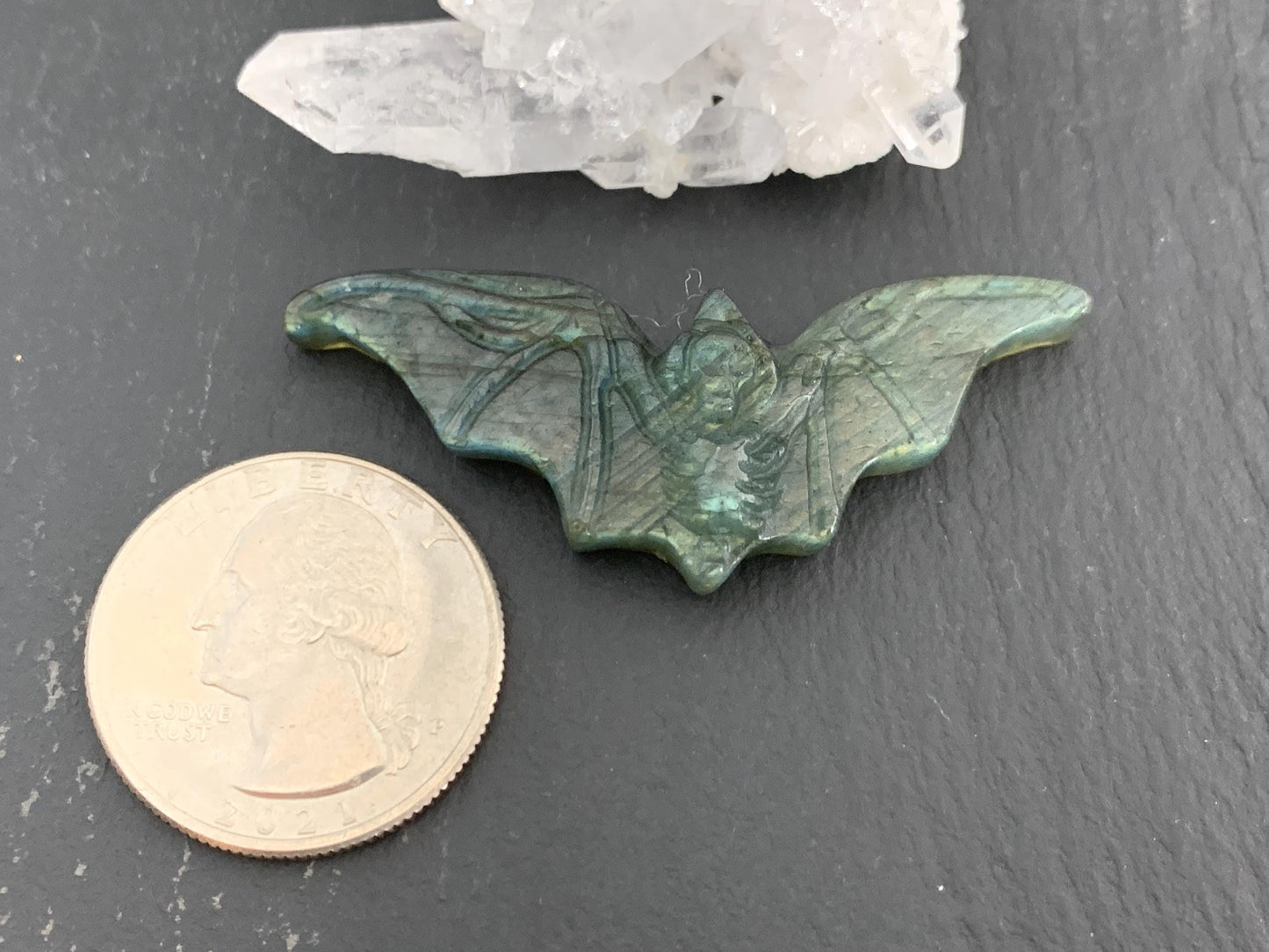 Labradorite skeleton bat 19x48mm flat back carving