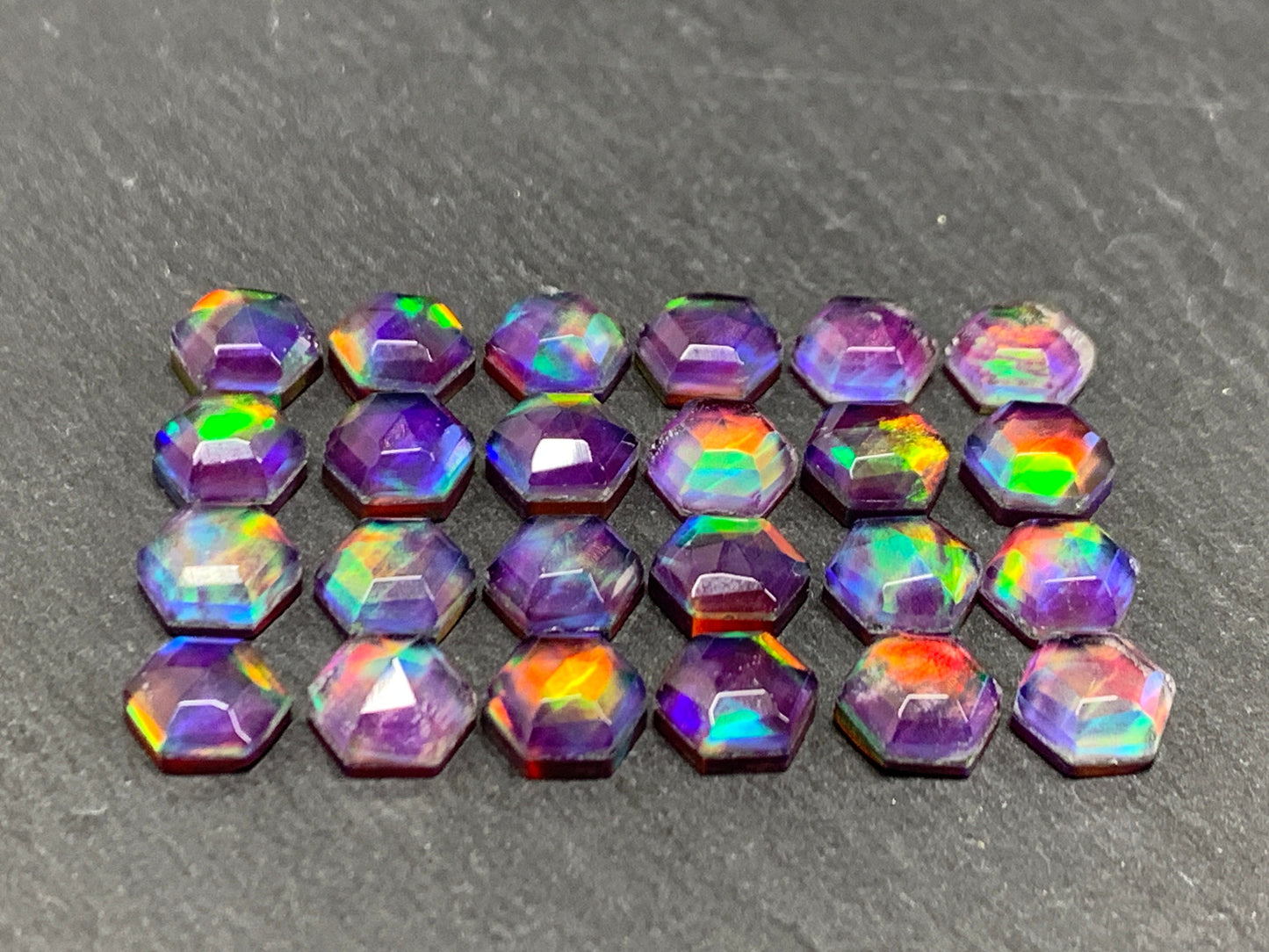 Faceted Aurora Opal hexagon 7mm cabochon - Doublet cabochons