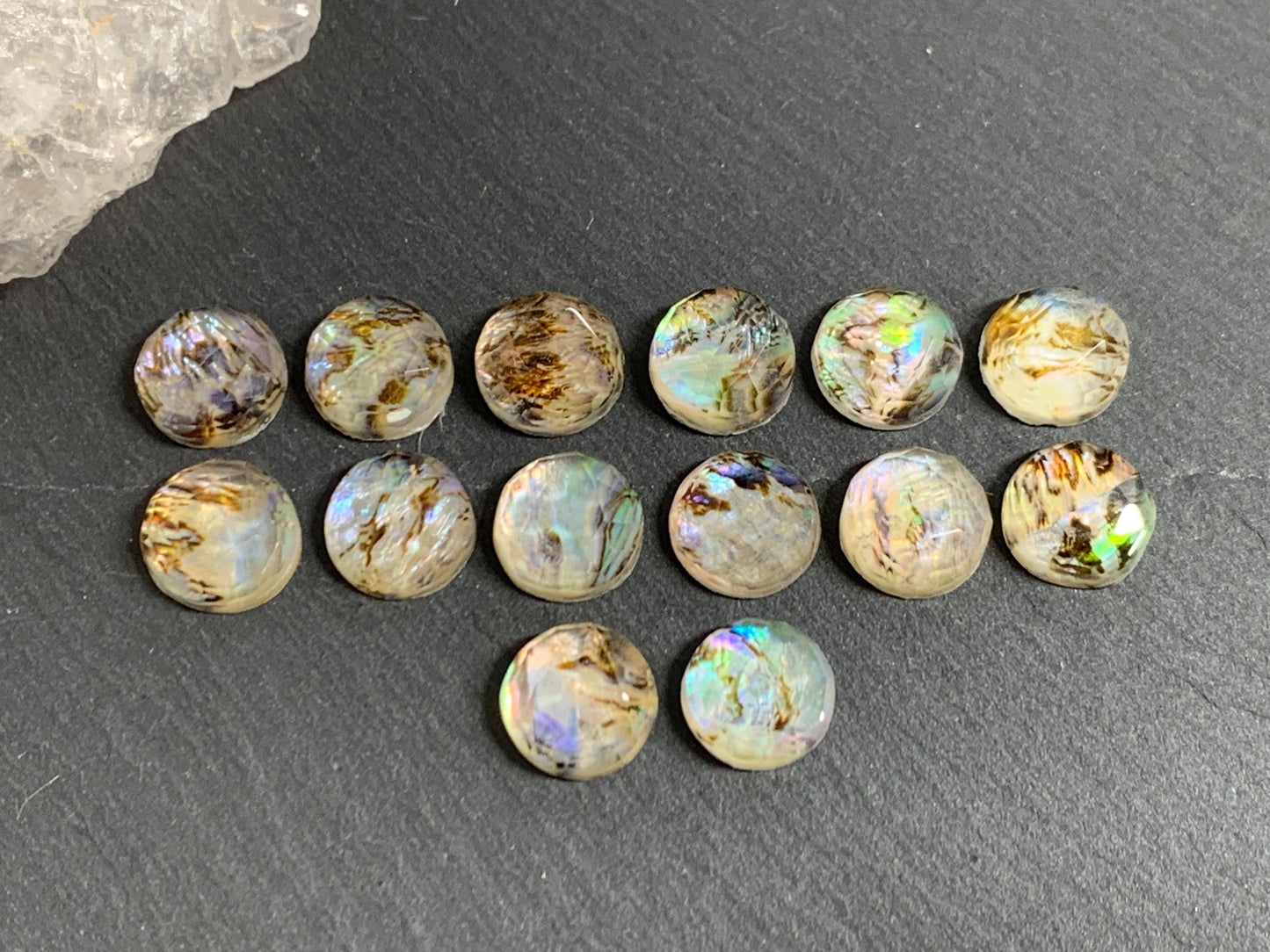 Faceted Abalone Crystal round 10mm doublet cabochon