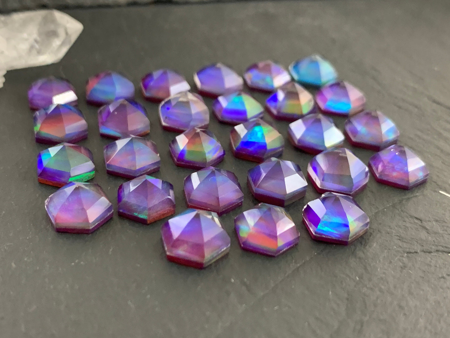 Faceted Aurora Opal hexagon 8x9mm cabochon - Doublet cabochons