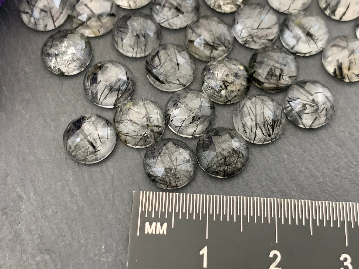 Faceted Black Rutilated Quartz round 8mm cabochon