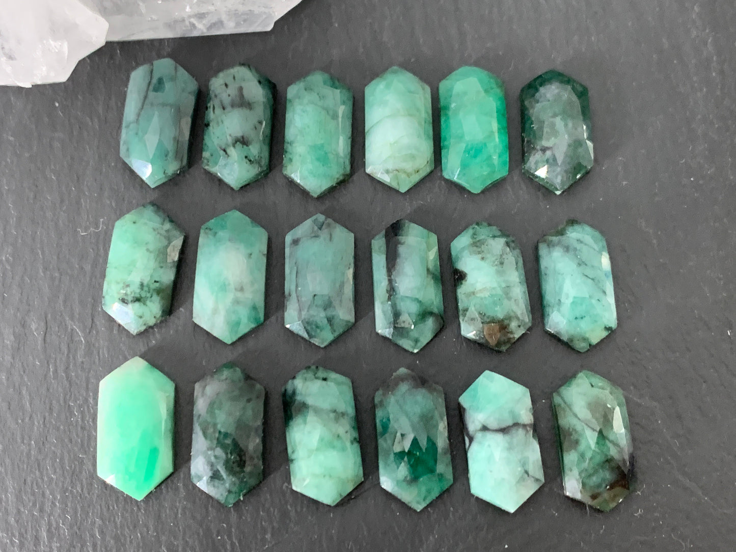 Faceted Emerald long hexagon 8x16mm cabochon