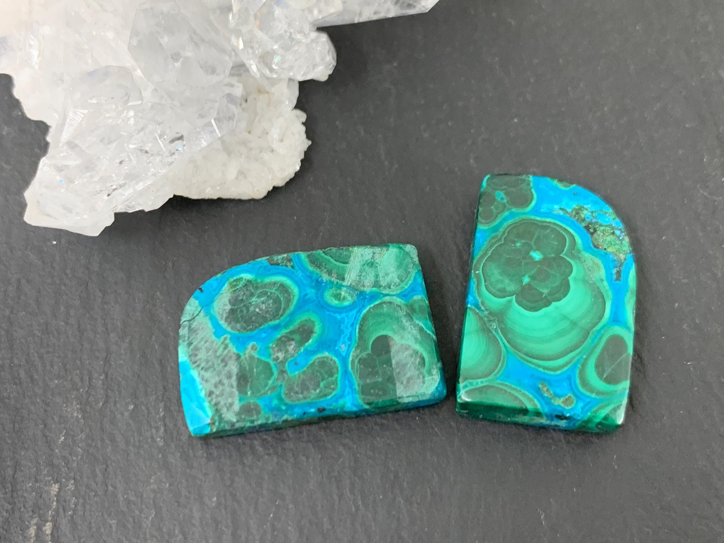 Malachite Chrysocolla free form 13x20x4mm cabochon pair