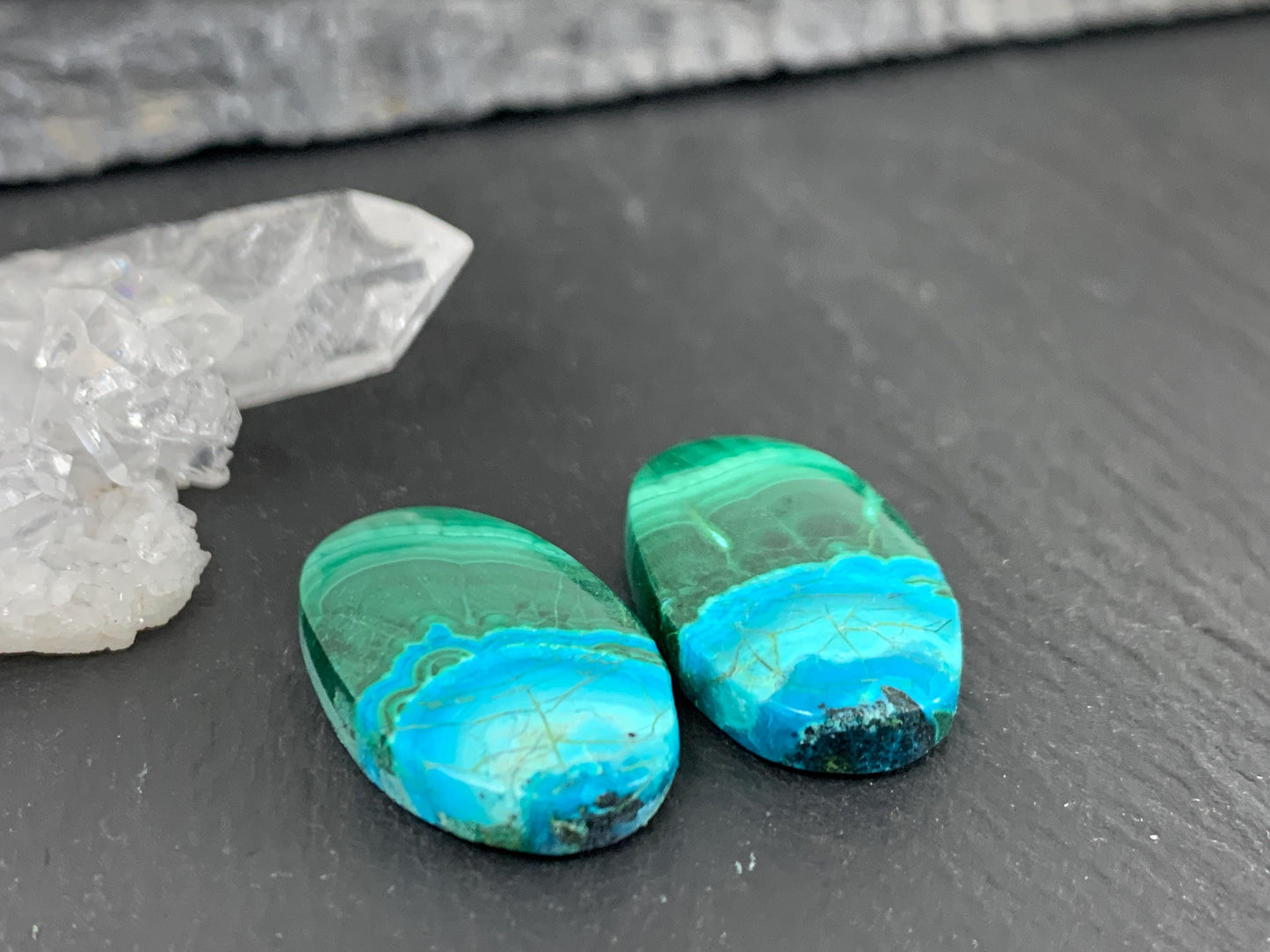 Discounted Malachite Chrysocolla oval 14x22x4mm cabochon pair