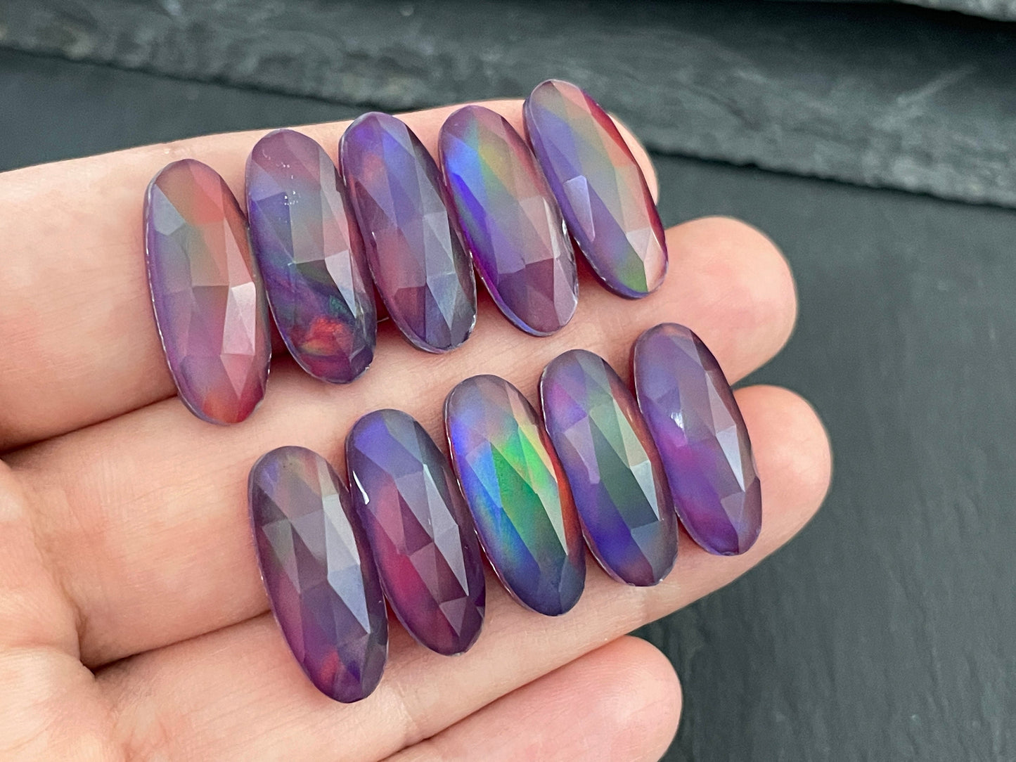 Faceted Aurora Opal oval 8x20mm cabochon - Doublet cabochons