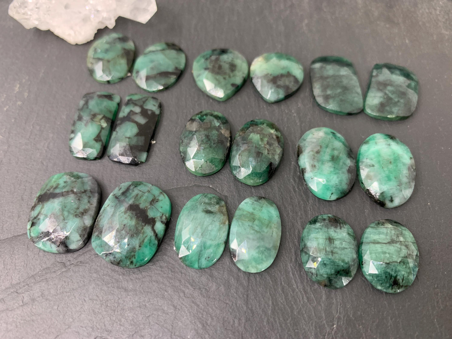 Faceted Emerald Pair 16-21mm long Cabochon