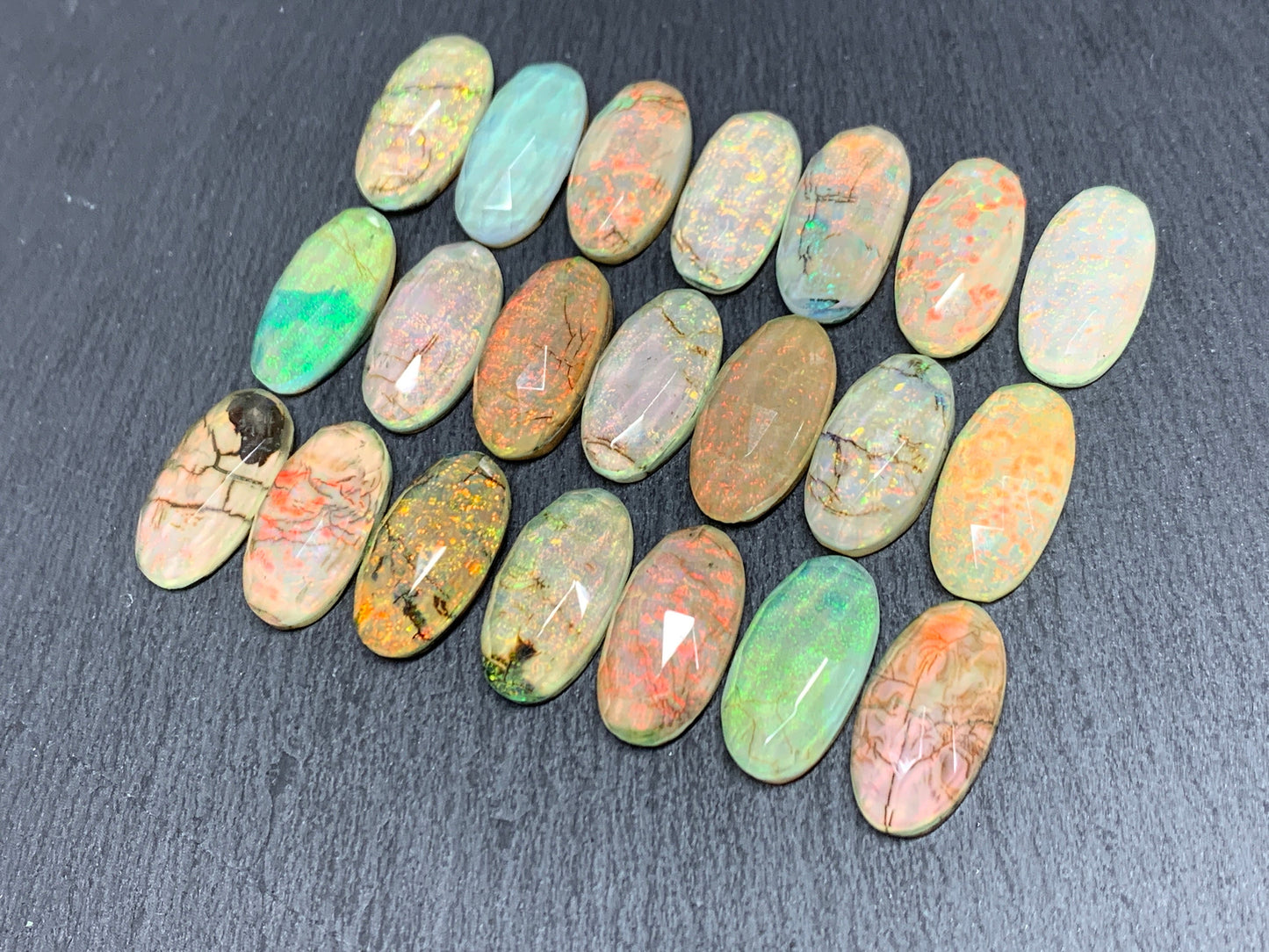 Faceted Monarch Opal oval 10x20mm cabochons - Doublet cabochons