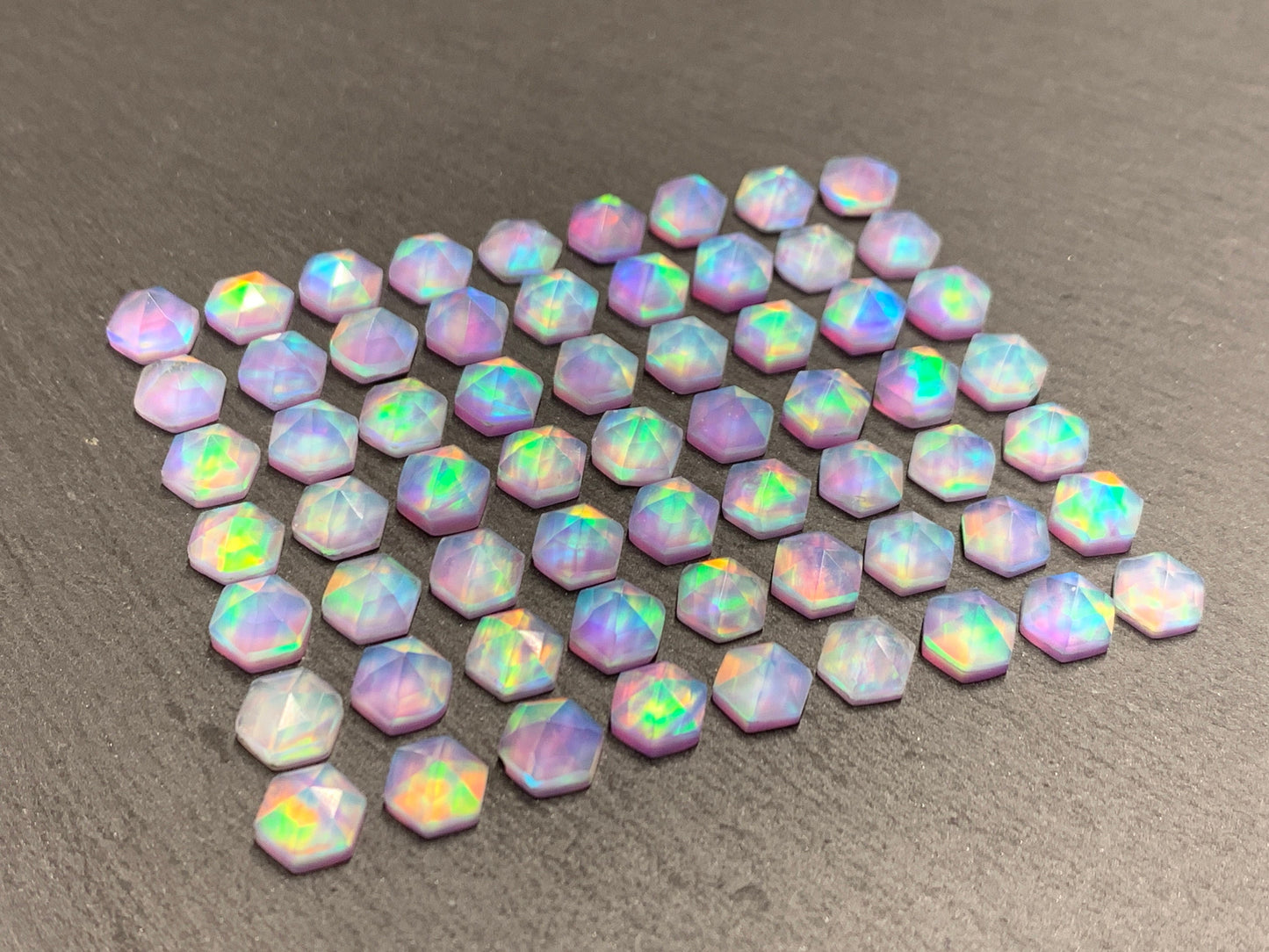 Faceted Aurora Opal hexagon 7mm cabochon - Doublet cabochons