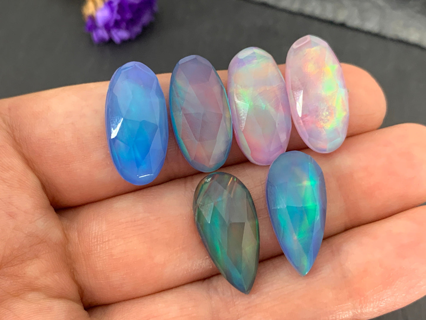 Faceted Aurora Opal oval, pear 10x20mm cabochon - Doublet cabochons