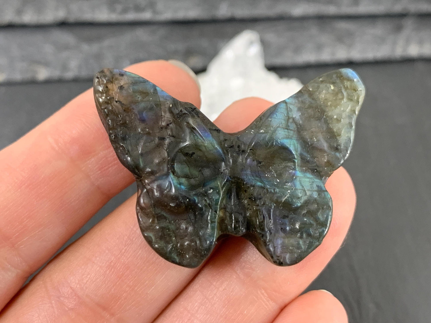 Labradorite Butterfly Carving - 29x41mm Flat Back Ghost Face Gemstone