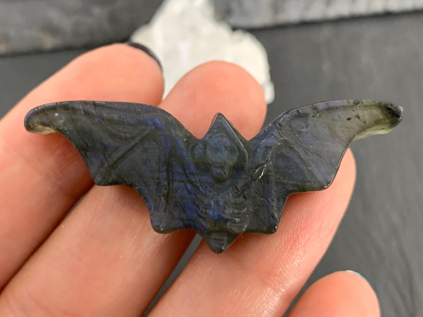 Labradorite skeleton bat 19x49mm flat back carving