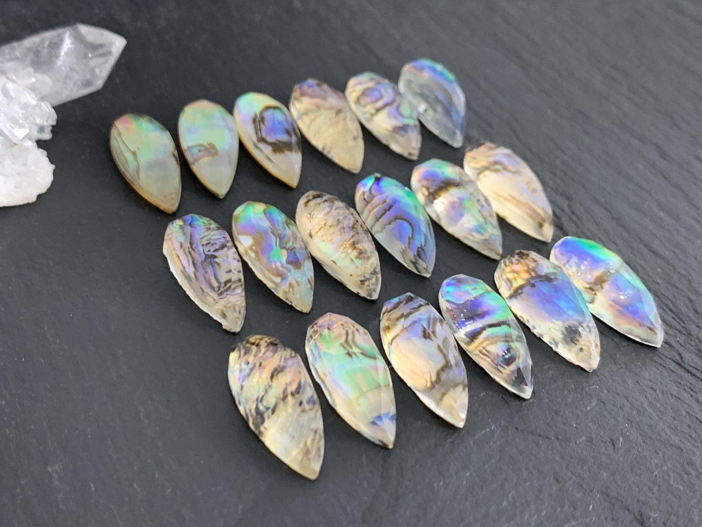 Faceted Abalone pear 8x20mm doublet cabochon
