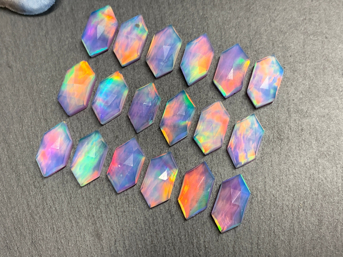 Faceted Aurora Opal long hexagon 8x16m cabochon - Doublet cabochons