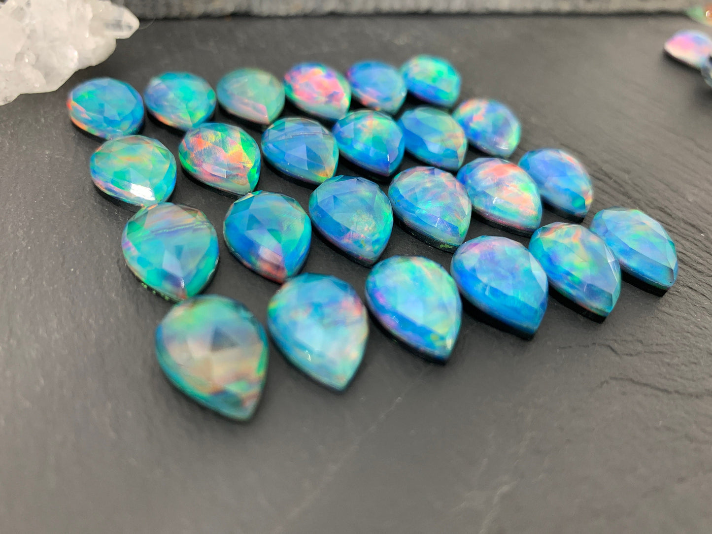 Faceted Aurora Opal pear 10x14mm cabochons - Doublet cabochon