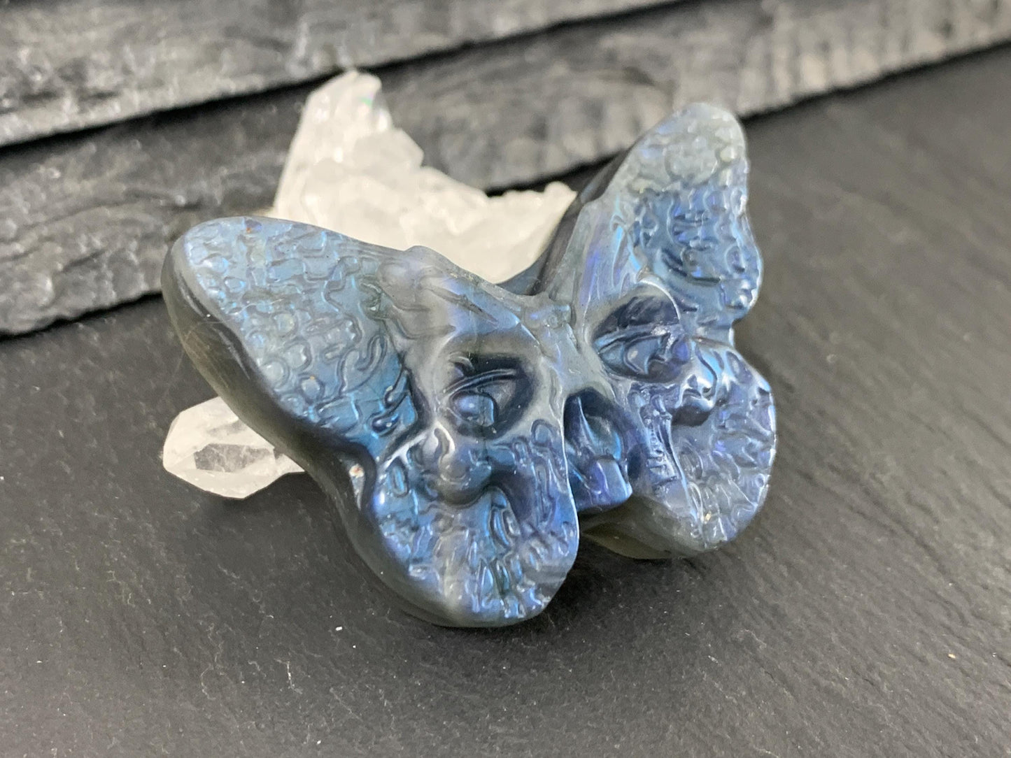 Ghost Face Butterfly Carving - Hand Carved Gemstone, Natural Labradorite Stone Gift