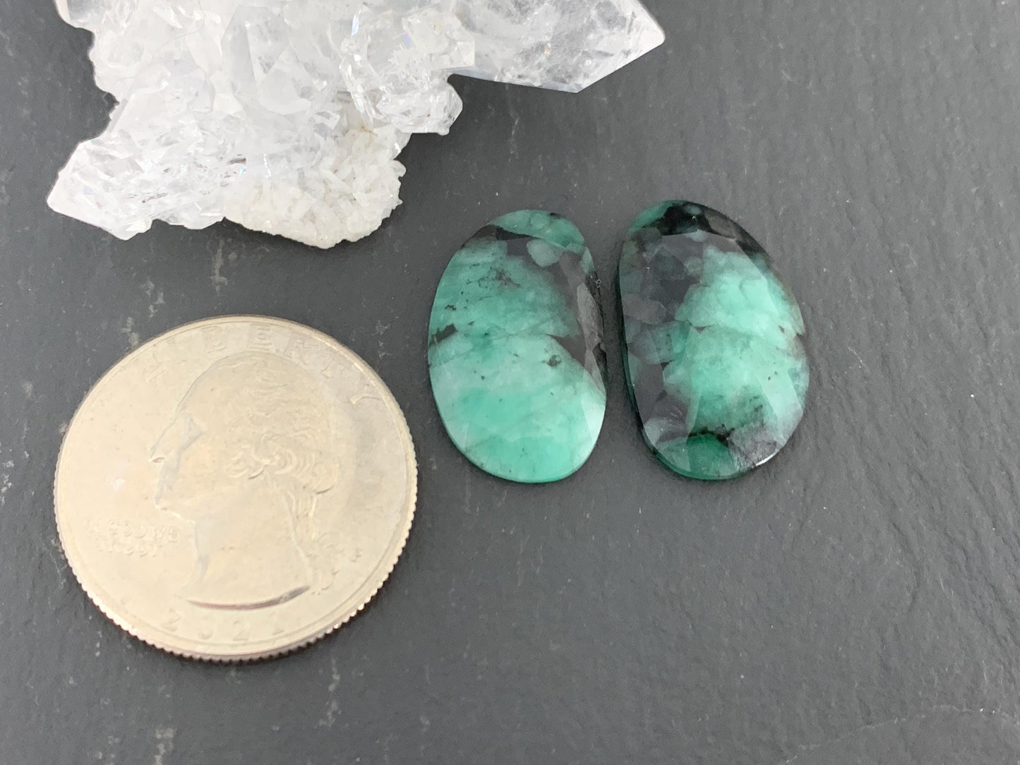 Faceted Emerald Pair 12x20x3mm cabochon