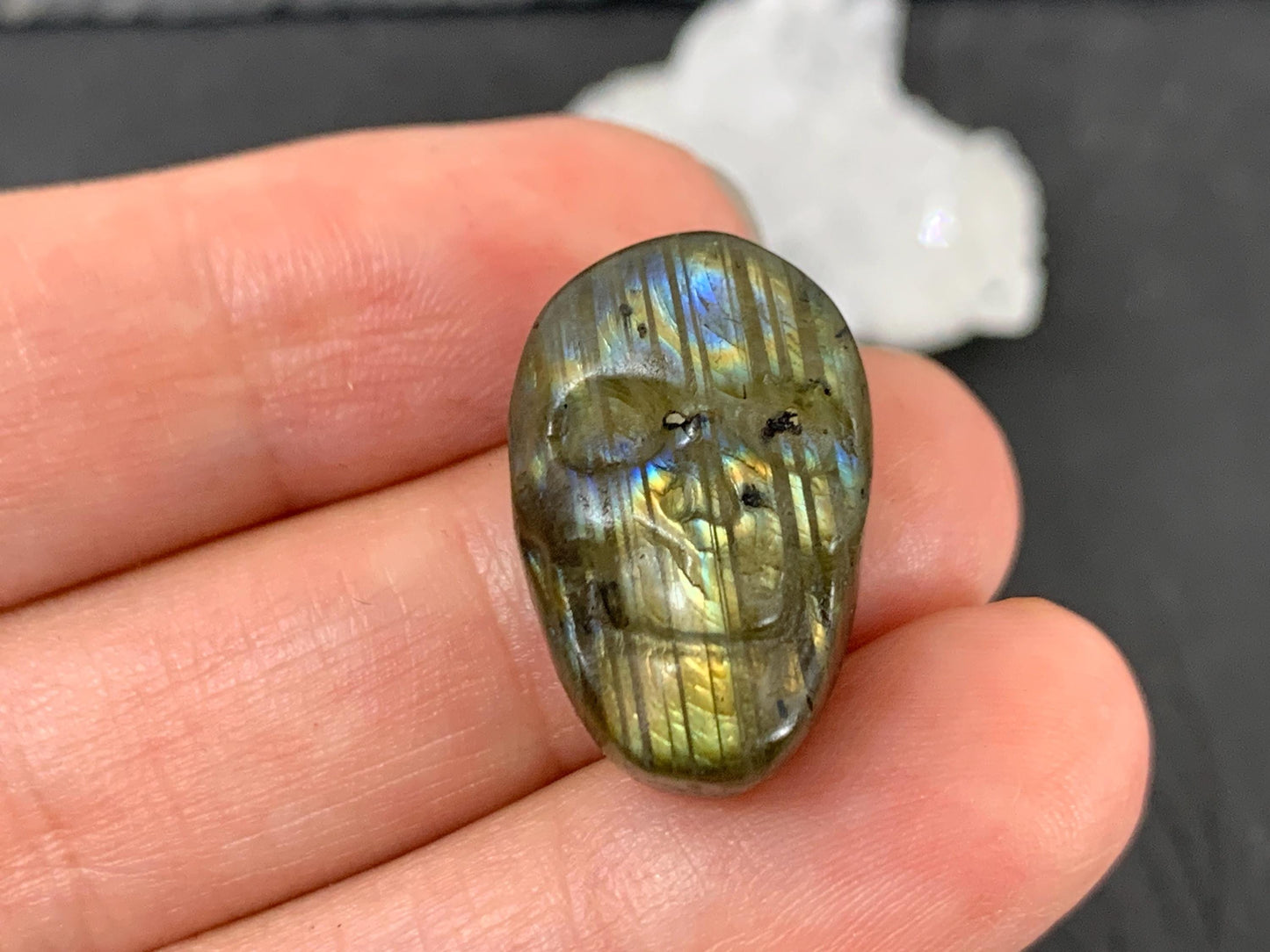 Labradorite Skull Cabochon 14x21mm - Natural Green Stone Flat Back Gemstone