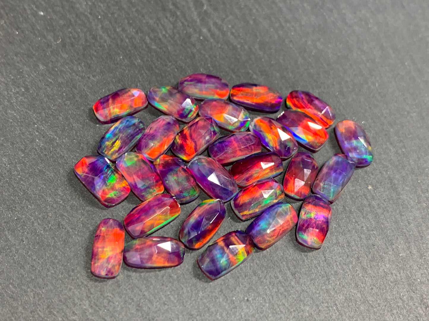 Faceted Aurora Opal rectangle cushion 6x12mm cabochon - Doublet cabochons