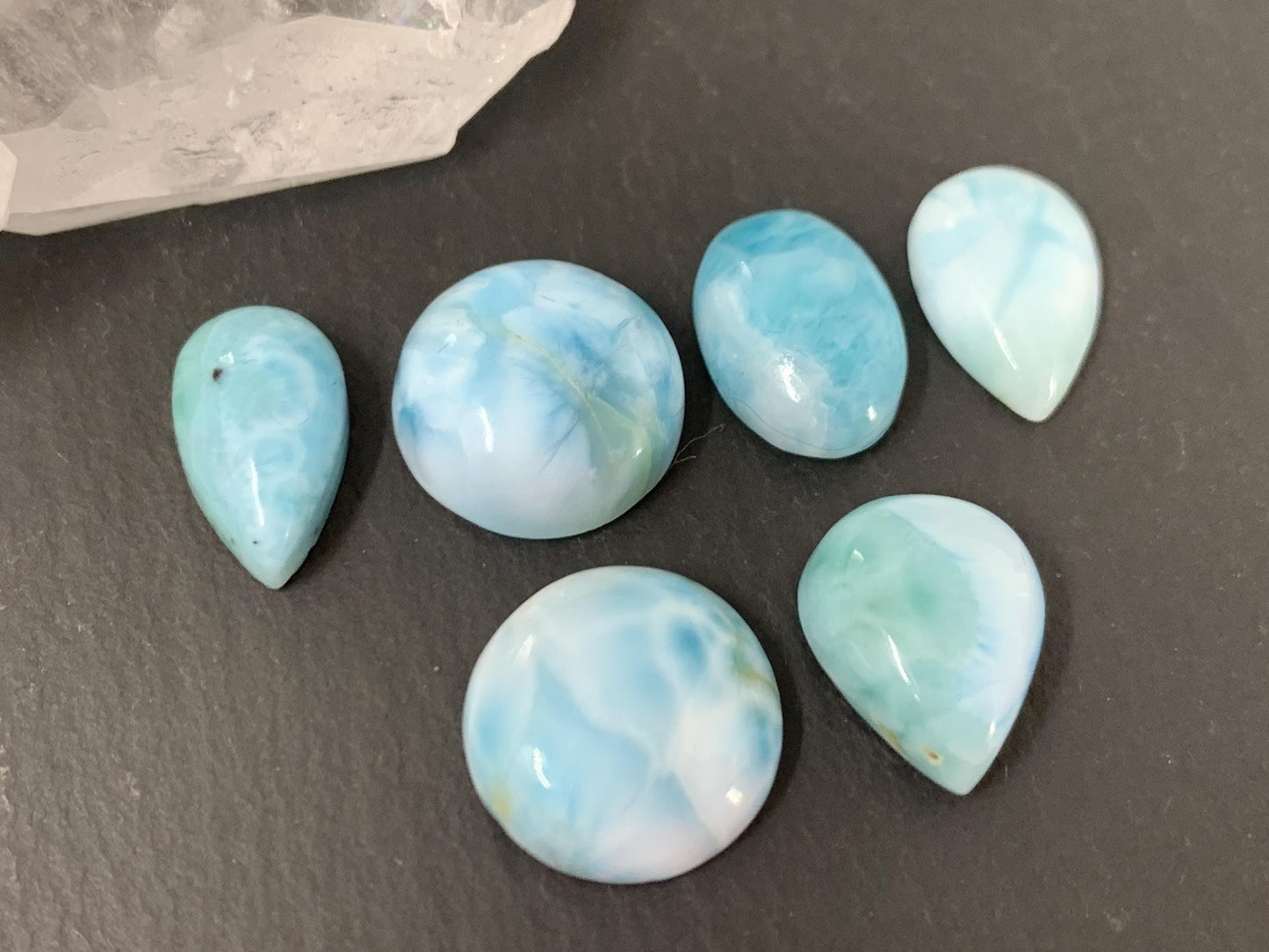 Larimar cabochon 13mm long pear, round, oval