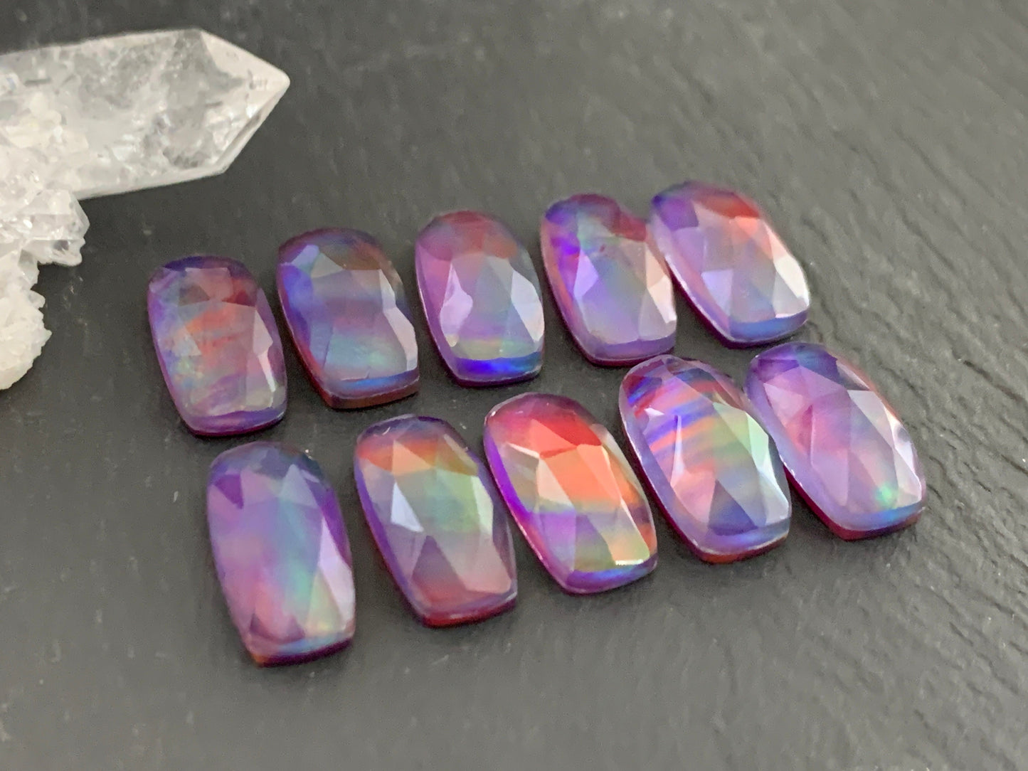 Faceted Aurora Opal rectangle 7x14mm cabochon - Doublet cabochons