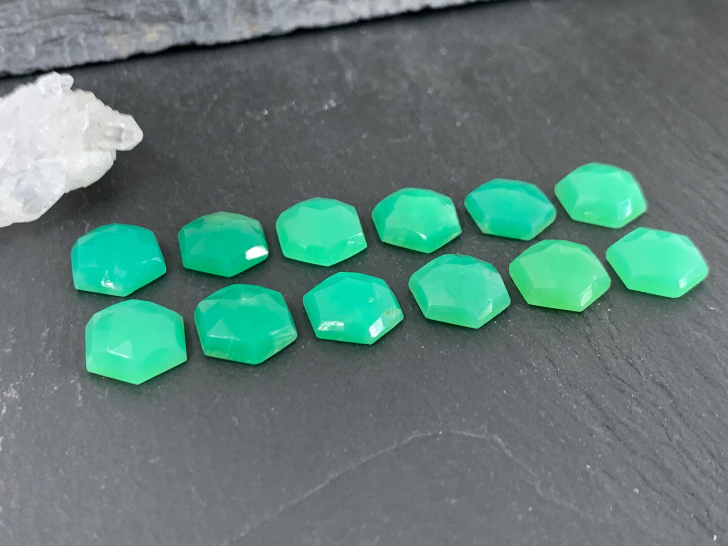 Faceted Chrysoprase Cabochon - 10mm Hexagonal Faceted Green Jewel for Jewelry Making