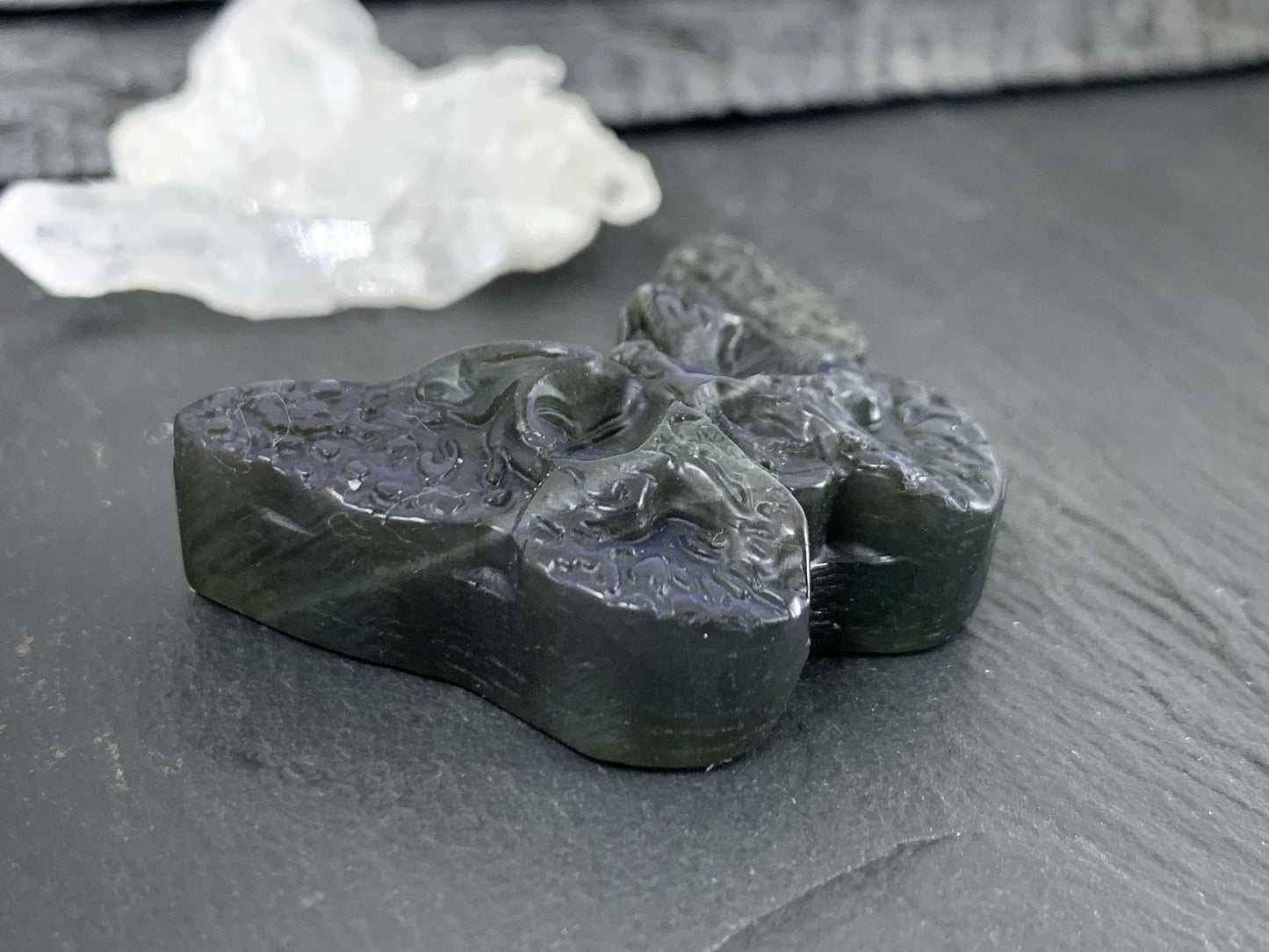 Labradorite Ghost Face Carving – Hand Carved Gemstone Flat Back Butterfly Gift