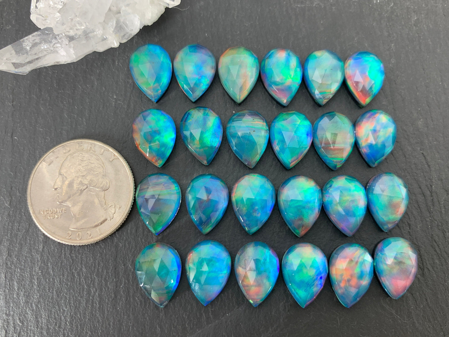 Faceted Aurora Opal pear 10x14mm cabochons - Doublet cabochon
