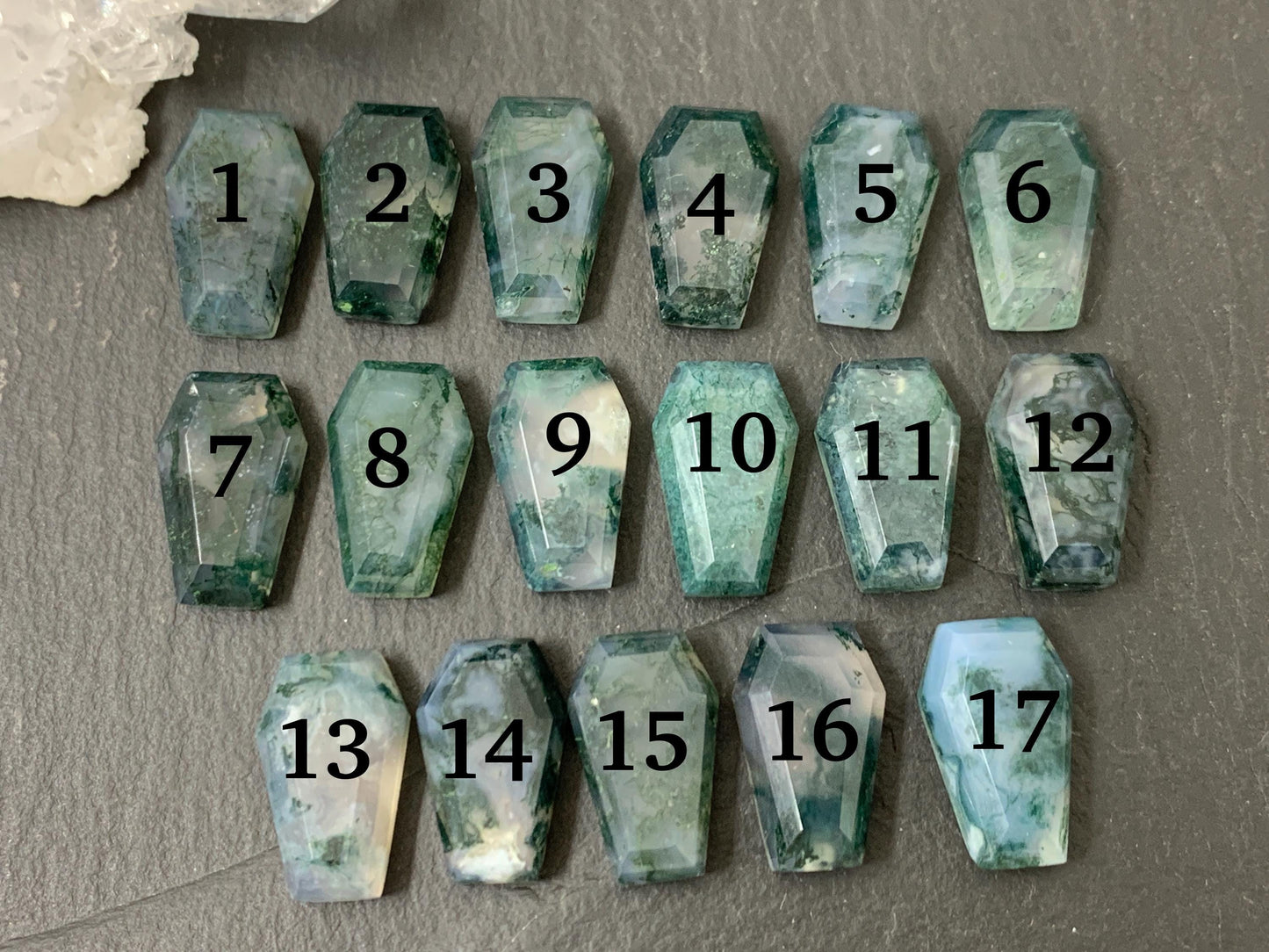 Faceted Moss Agate coffin 10x16mm cabochon